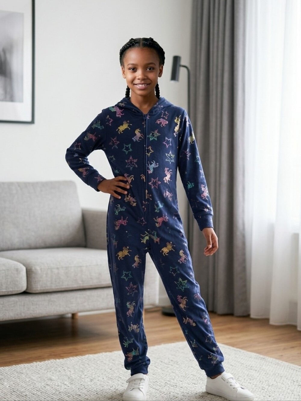 Justice Unicorn Hooded Onesie Girls 12 Navy Fleece Union Suit Footless Pajamas